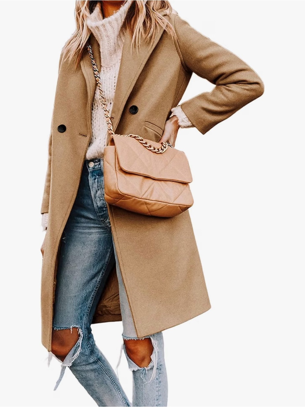 Tailored Double-Breasted Wool Blend Camel Peacoat for Women